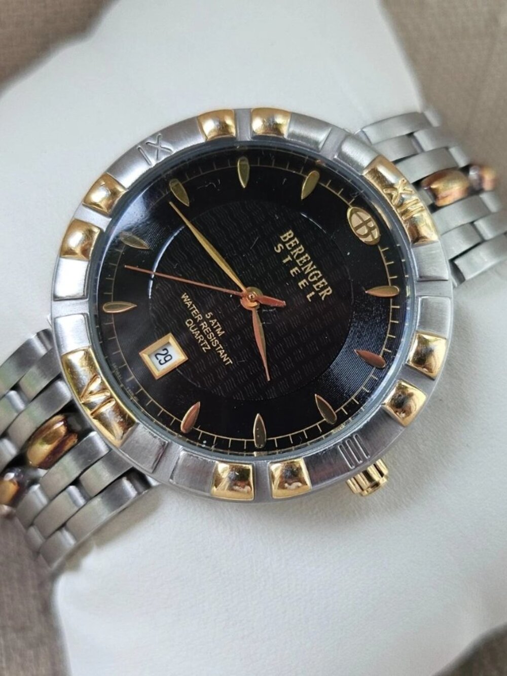 Berenger Steel Men Wristwatch Date Calendar Gunmetal/Gold Tone Quartz Watch
